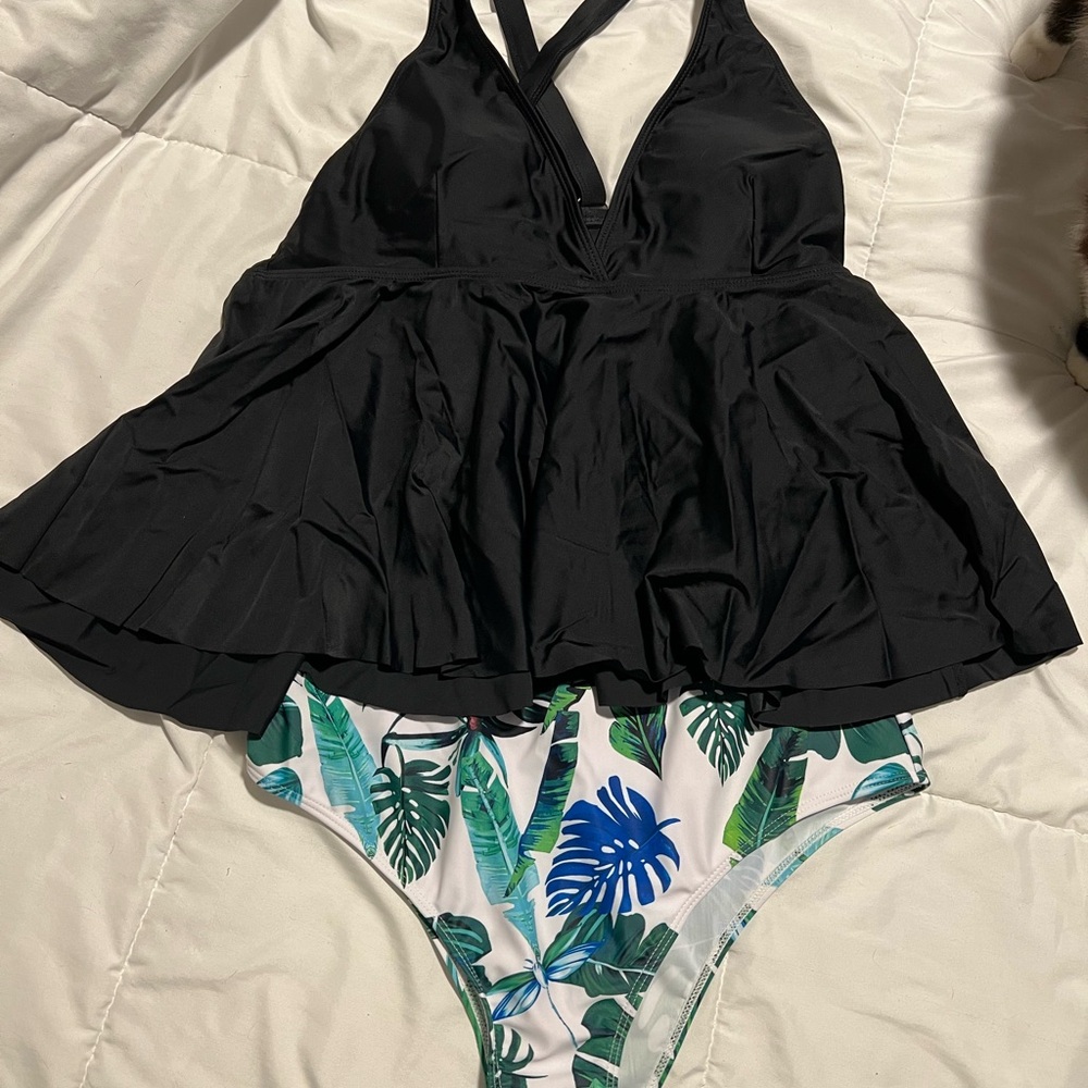 Black Peplum Swimsuit with Tropical Print